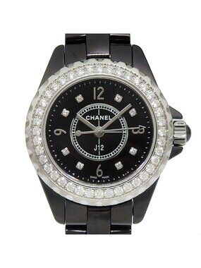 Chanel J12 Ceramic Diamond Quartz Analog Display Black Dial Watch